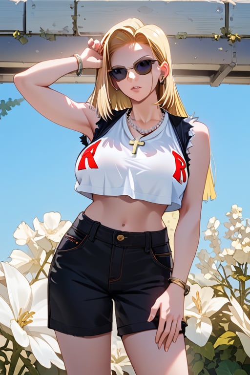 1 girl, alone, long hair, looking at viewer, blonde hair, shirt, blonde hair, big tits, huge breasts, baggy shirts, belly button, jewelry, standing, white shirt, cowboy photo, outdoors, shorts, sleeveless, daytime, midriff, necklace, arm raised, bracelet, crop top, black shorts, sunglasses, cross, biker shorts, cross necklace, android 18