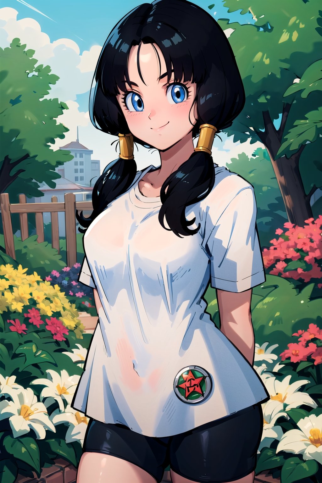 masterpiece, best quality, highres, videl2, solo, blue eyes, black hair, twintails, black gloves, bike_shorts, bangs, white shirt, badge, medium breasts, , cowboy shot, smile, arm behind back, garden,