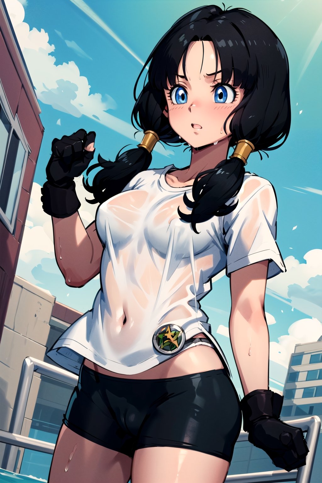 masterpiece, best quality, high resolution, videl2, solo, blue eyes, black hair, twintails, black gloves, bicycle shorts, bangs, white shirt, badge, medium breasts, cowboy shot, distressed, (wet: 1 .5)(underwear: 1.3)
