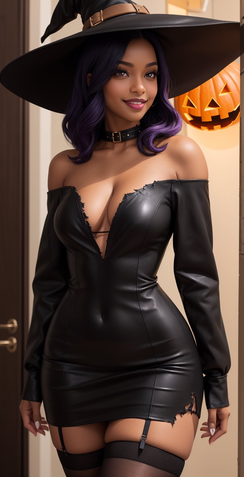 a beautiful woman, (((black, tan woman))) looking at the viewer, big honey-colored eyes, long eyelashes, small mouth, smile, short, shoulder-length straight black-purple hair. Full leather, medium round and perfect chest, slim waist, curvy body. black dress stuck to her body, torn stockings, witch hat, black box, halloween decoration