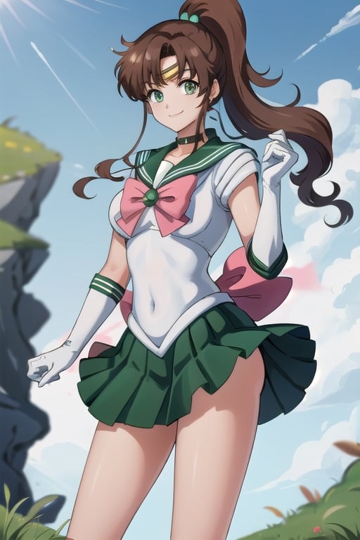 masterpiece, best quality, perfect antomy, SMJupiter, SMJupiterOutfit, green sailor collar, green skirt, senshi sailor uniform, brown ponytail, smile, cowboy shot, standing, outdoor, wind skirt