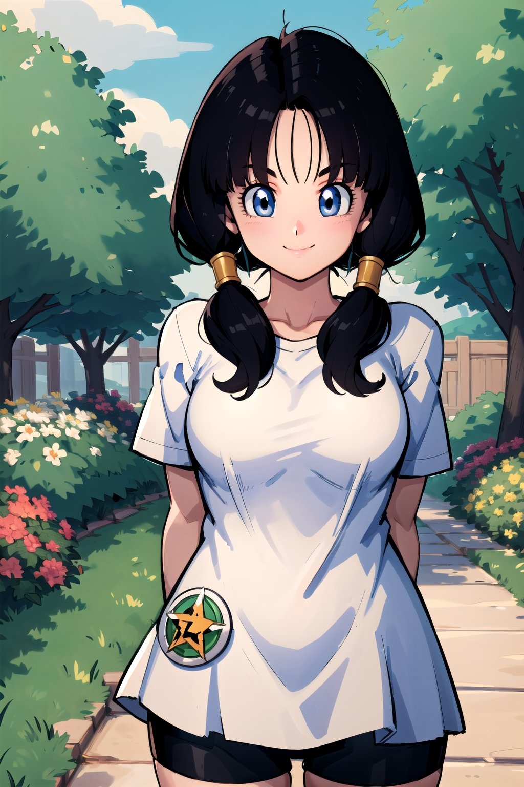 masterpiece, best quality, highres, videl2, solo, blue eyes, black hair, twintails, black gloves, bike_shorts, bangs, white shirt, badge, medium breasts, , cowboy shot, smile, arm behind back, garden,