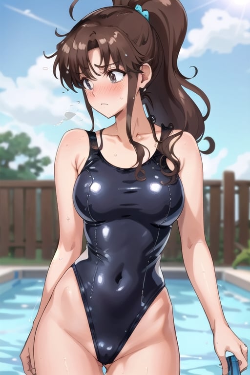 masterpiece, best quality, perfect anatomy, SMJupiter, SMJupiterOutfit, brown ponytail, cowboy shot, standing, outdoors, ((distressed, blushing, shy)) ( swimsuit: 1.5) pool, wet, sensual pose, back