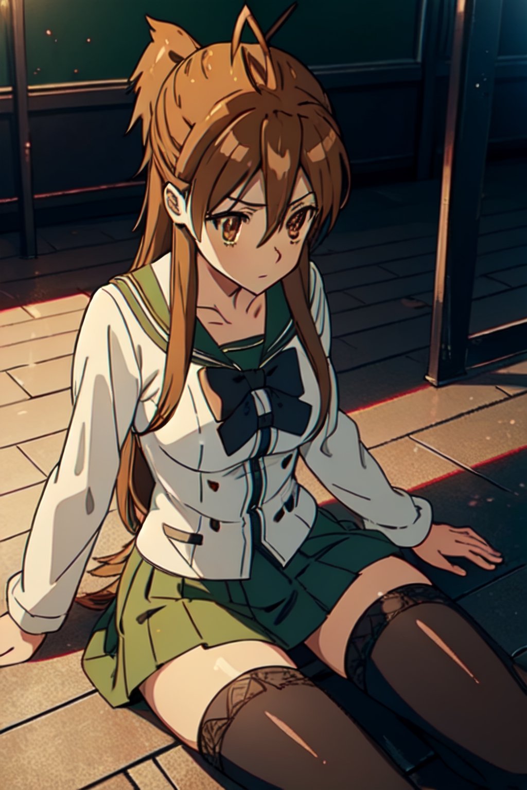 rei miyamoto, long hair, brown hair, (brown eyes: 1.5), antenna hair, ponytail,
BREAK skirt, thigh highs, school uniform, serafuku, zettai ryouiki, green skirt, bow tie, long sleeves, black thigh highs, black bow tie,
REST inside, in the classroom,
BREAK, (masterpiece: 1.2), best quality, high resolution, Unity 8k wallpaper, (artwork: 0.8), (beautiful detailed eyes: 1.6), extremely detailed face, perfect lighting, extremely detailed CG (perfect hands, anatomy perfect),
sitting on the floor