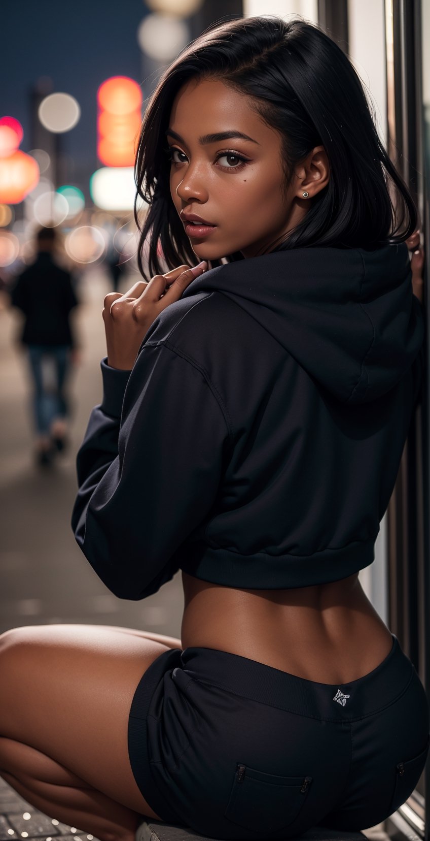 a beautiful woman, (dark skin: 1.7) looking at the viewer, (((masterpiece, best quality))), (ultra detailed), portrait of a very beautiful girl who is in the city at night, illuminated, well lit. light lighting, she is wearing sexy cropped hoodies and black shorts, looking away from the camera, mouth open, realistic and detailed photography, bokeh background, 3d style, from behind, (crouching) underwear