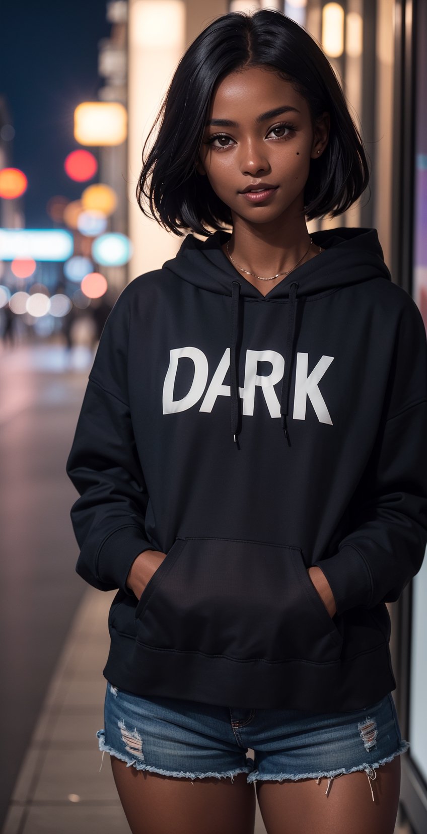 a beautiful woman, (dark skin: 1.7) looking at the viewer, (((masterpiece, best quality))), (ultra detailed), portrait of a very beautiful girl who is in the city at night, illuminated, well lit. light lighting, she is wearing sexy hoodies and black shorts, looking away from the camera, with her mouth open, realistic and detailed photography, bokeh background, 3d style