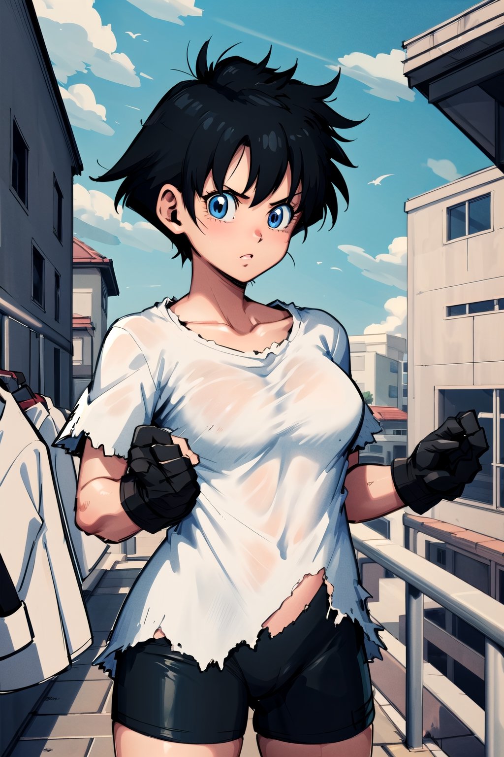 masterpiece, best quality, high resolution, videl2, solo, blue eyes, black hair, two stories, black gloves, bicycle shorts, bangs, white shirt, badge, medium breasts, cowboy shot, distressed, (clothes destroyed: 1.5)