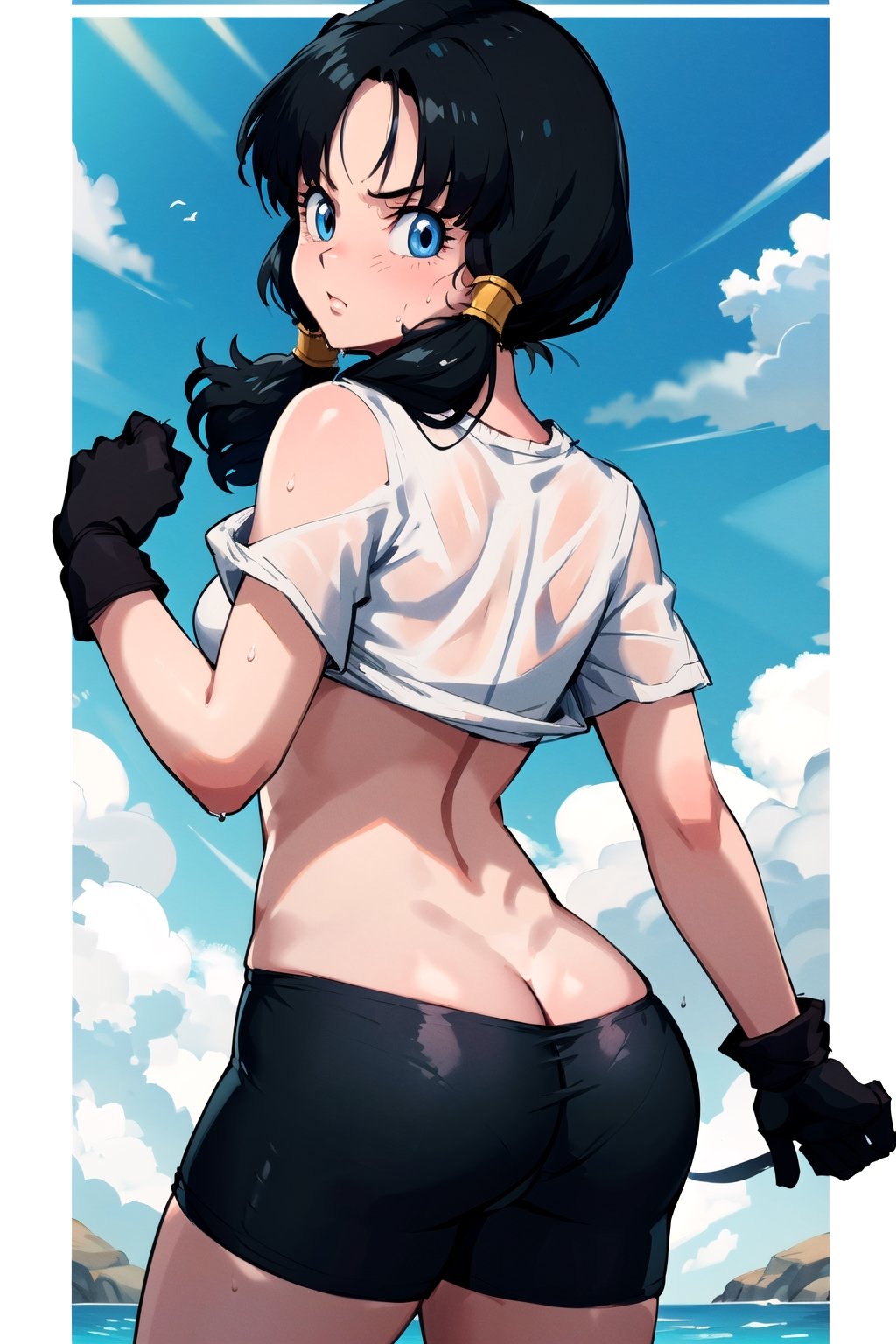 masterpiece, best quality, high resolution, videl2, solo, blue eyes, black hair, twintails, black gloves, bicycle shorts, bangs, white shirt, badge, medium breasts, cowboy shot, distressed, (wet: 1 ,5)(underwear: 1.3) back. behind
