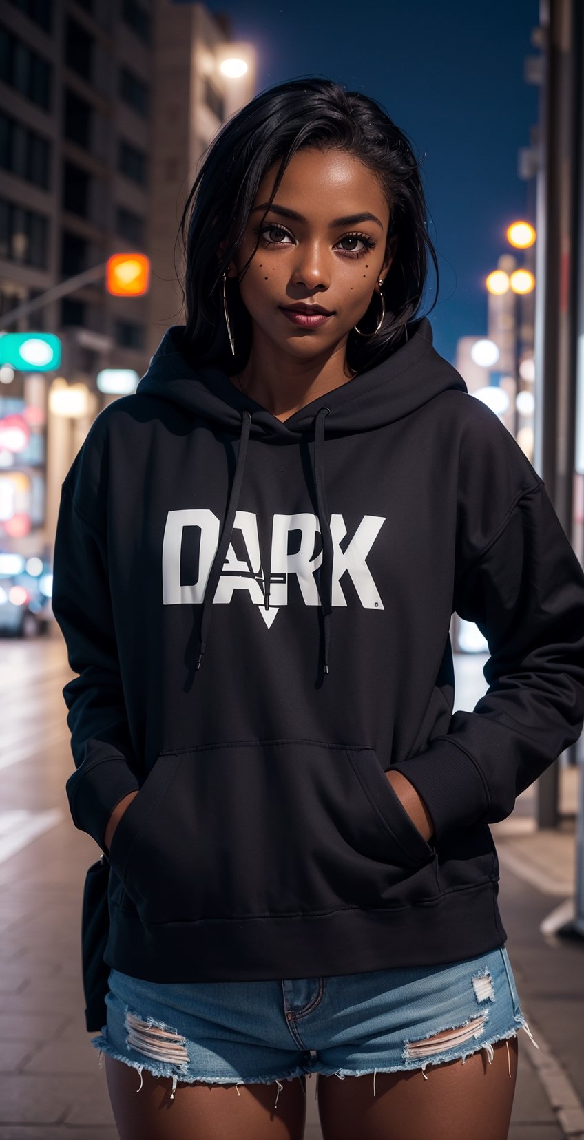 a beautiful woman, (dark skin: 1.7) looking at the viewer, (((masterpiece, best quality))), (ultra detailed), portrait of a very beautiful girl who is in the city at night, illuminated, well lit. light lighting, she is wearing sexy hoodies and black shorts, looking away from the camera, with her mouth open, realistic and detailed photography, bokeh background, 3d style