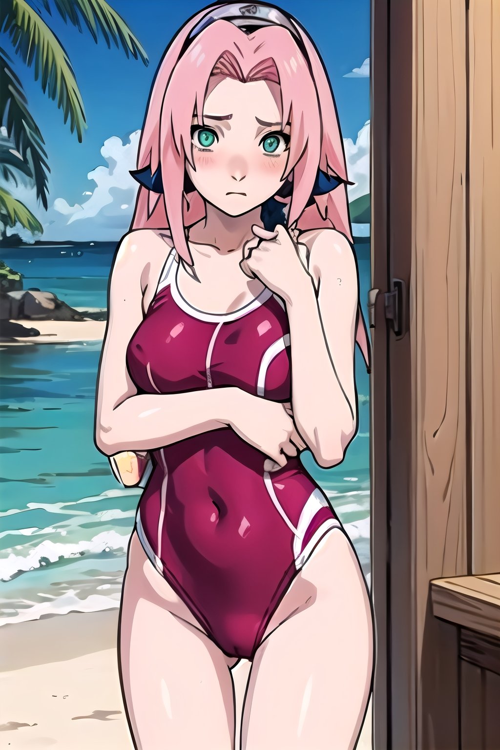 masterpiece, best quality, (self review: 1.5), haruno sakura, pink hair, long hair, green eyes, red swimsuit, beach, sea sexy pose, blushing