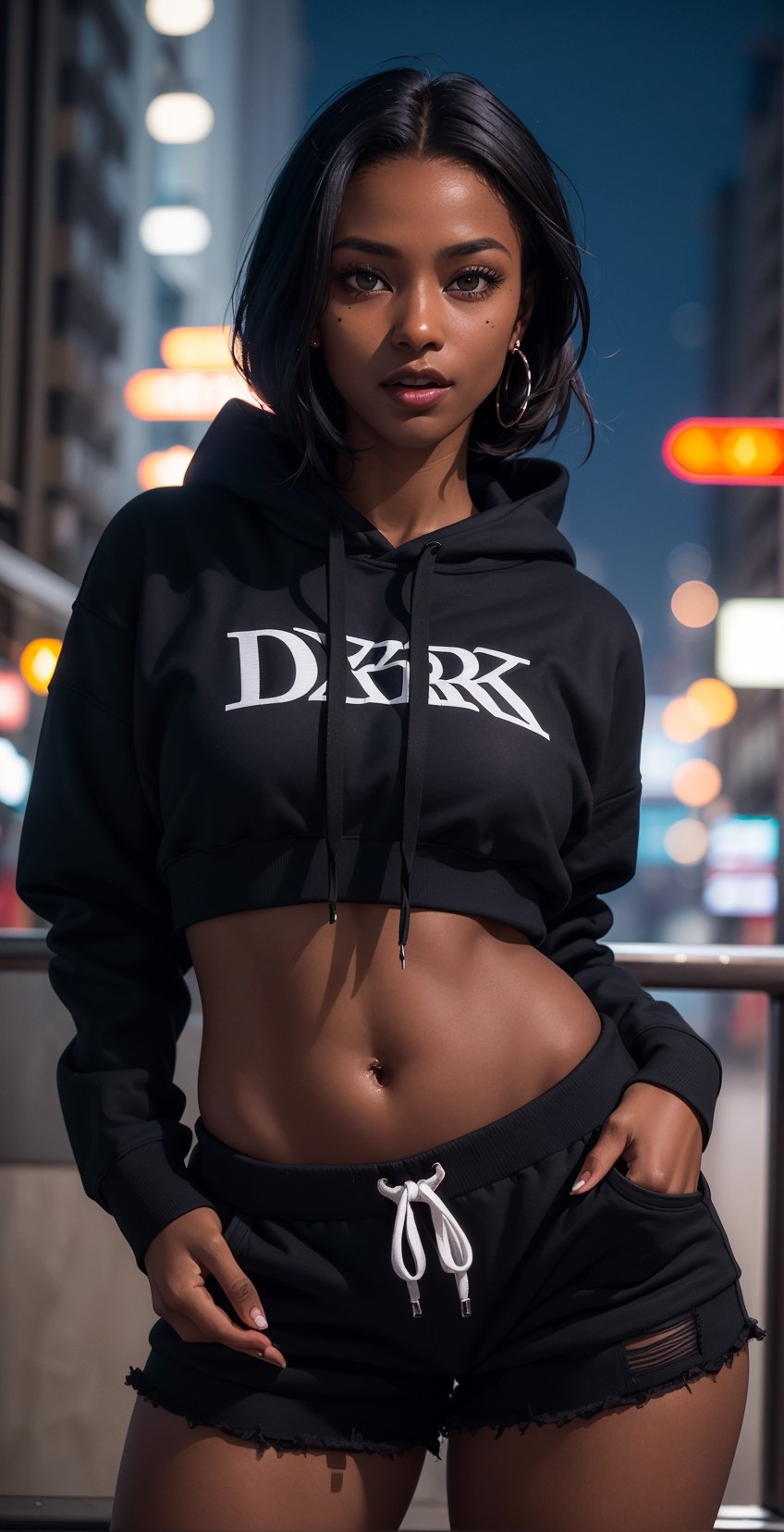 a beautiful woman, (dark skin: 1.7) looking at the viewer, (((masterpiece, best quality))), (ultra detailed), portrait of a very beautiful girl who is in the city at night, illuminated, well lit. light lighting, she is wearing sexy cropped hoodies and black shorts, looking away from the camera, with open mouth, realistic and detailed photography, bokeh background, 3d style