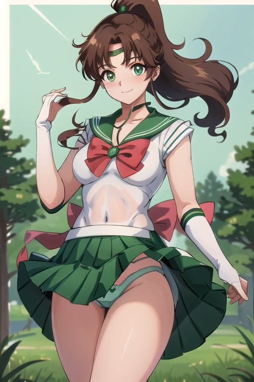 masterpiece, best quality, perfect antomy, SMJupiter, SMJupiterOutfit, green sailor collar, green skirt, senshi sailor uniform, brown ponytail, smile, cowboy shot, standing, outdoors, skirt in the wind, distressed , blushing, shy (showing her underwear: 1.5)