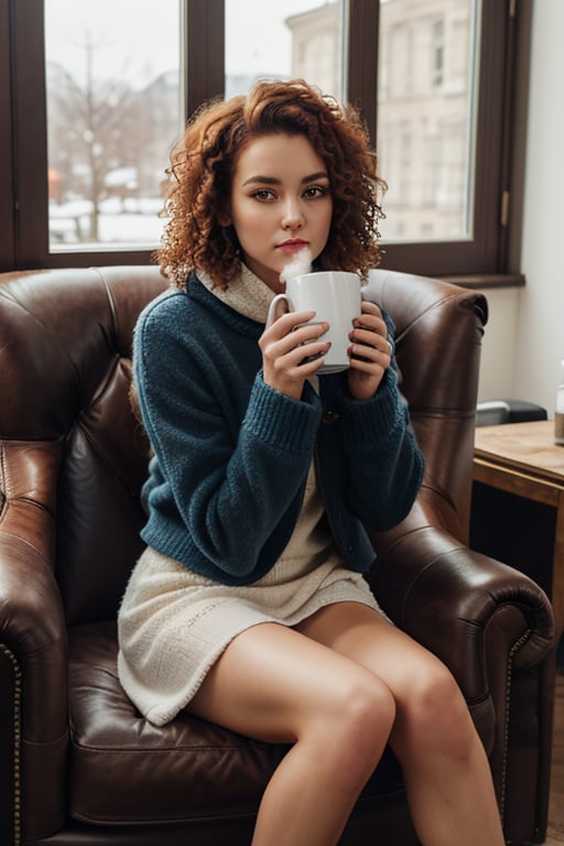 photorealistic, masterpiece, HD quality, raw photo, beautiful girl, full body, low-key, white skin, super detailed eyes and face, curly hair, redhead, beautiful legs, winter clothes, leather armchair, sitting, drinking coffee, holding cup with both hands, blowing coffee