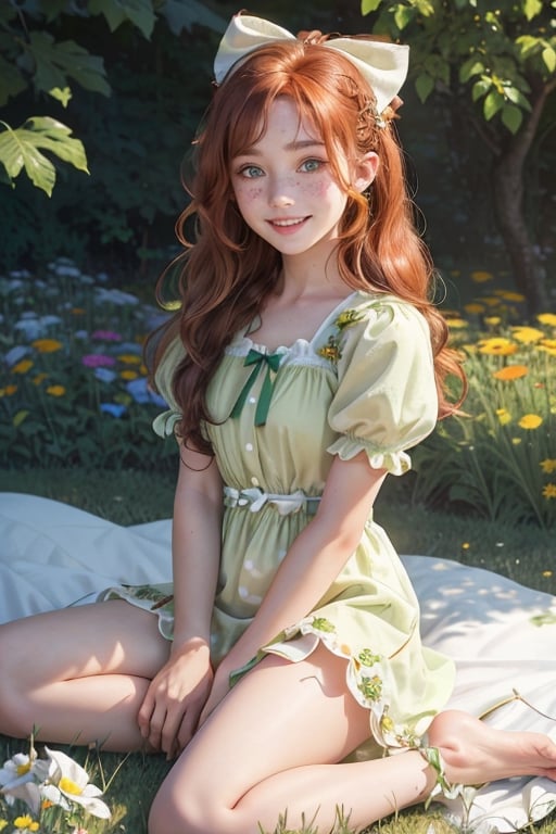 realistic image, HD, 4k, full body, dwarf girl with white skin, freckles on cheekbones and nose, beautiful face, big green eyes, smiling (long wavy orange hair with bows on one side of the head), petite but stocky body, nice legs, cute summer short dress, in flower field, on blanket with sunshade