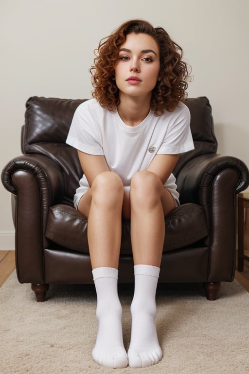 photorealistic, masterpiece, HD quality, raw photo, beautiful girl, full body, low-key, white skin, super detailed eyes and face, curly hair, redhead, beautiful legs, white men's shirt, white socks, white panties leather armchair, 
curled up