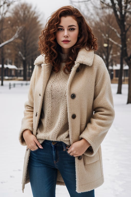 photorealistic, masterpiece, HD quality, raw photo, beautiful girl, full body, low-key, white skin, super detailed eyes and face, curly hair, redhead, beautiful legs, winter clothes, jeans, boots, woolen coat