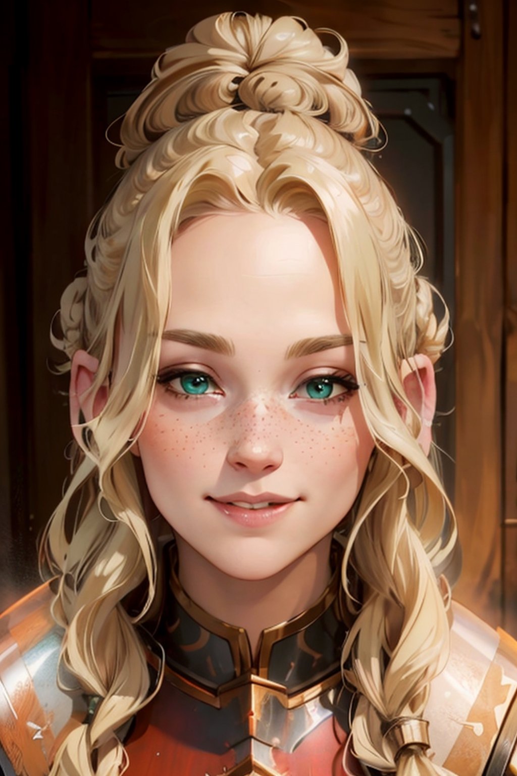 hyperrealistic image, HD, 4k, full body, lord of the rings style dwarf, white-skinned dwarf girl (with metal armor, black metal, full breastplate, metal gauntlets, metal pants, metal boots), carrying two-handed sledgehammer, freckles on cheekbones and neck nose, beautiful face, big green eyes, smiling (long wavy blonde hair with buns on the side of the head, hair covering the ears), small but stocky body, standing, random pose