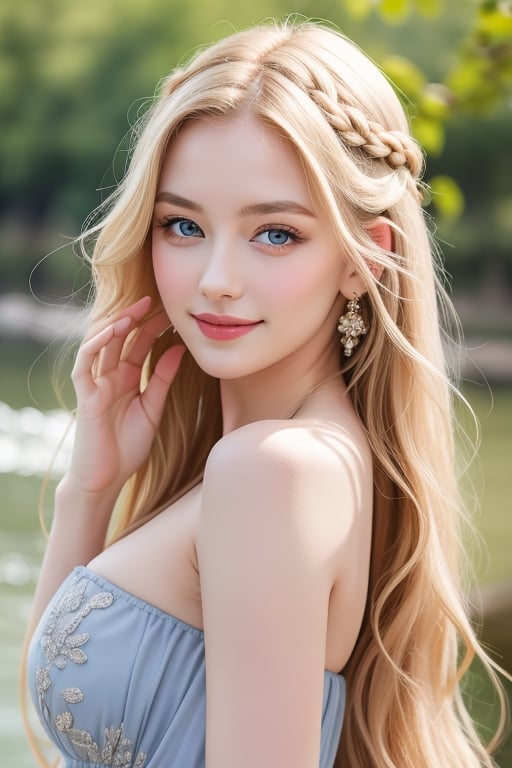 Girl with long blonde hair and fair skin. Cute face, golden eyes, mean of face length was 196mm,  top face length was 62.3mm, middle face length was 68.9mm, bottom face length was 66.5mm, mean of forehead width was 125.1mm. Age 22 - 23 with a cute face. Body size is 1.68 meters tall and the relationship between bust, weight, waist, and hips measures 99 x 63 x 91 cm. One full-length photo.
stunning Russian beauty posing full-length near the river, dressed in an ornate folk dress, perfect supermodel, supermodel beauty, top model photo, 1 girl, 25 years old, stunningly beautiful face, cute face, beautiful gray-blue eyes, blonde hair braided, radiant girl with a sincere smile, seductive pose, photorealism:1.37, masterpiece, best quality, absurdities, masterpiece UHD, best quality, absurdities, UHD, extremely high-quality photo, front view from the viewer, (eyes look at the viewer), perfect proportions, slender hips, slim waist, detailed body, complex body details, bottom view, top-down view, front view, low camera view, detailed background, juicy colors, close-up, similar to Olga Buzova