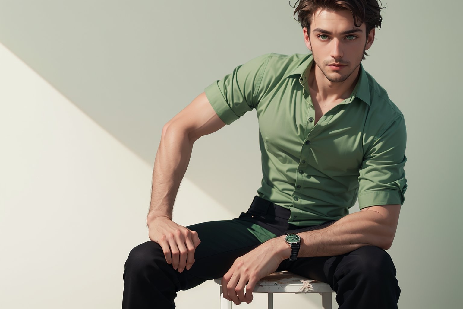 high resolution, masterpiece, ((handsome man, man's face, strong jaw, average but not overly developed body, ((short, unkempt, messy brown hair)), with a bit of a beard, (((light green eyes) )), facing the viewer, sitting slightly inclined, resting his hand on his leg, ((dressed in a dark green shirt and black pants, watch in his hand)), (((white background))), professional photography, lighting professional