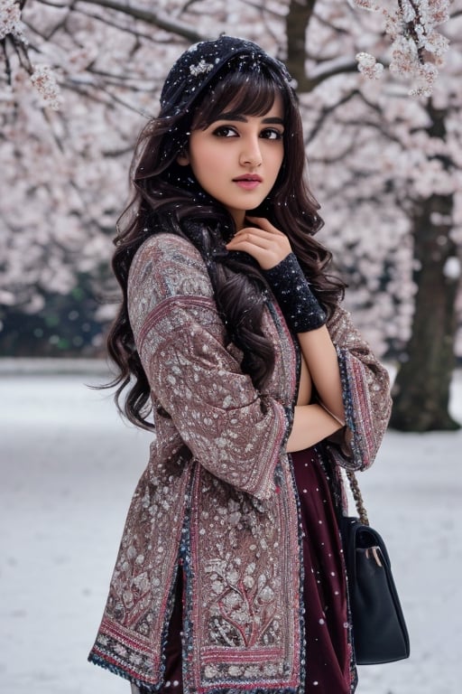 photorealistic,  masterpiece,  best quality,  raw photo, hot  Indian model Shirley setia , beautiful black hair, trendy  winter wear, looking gorgeous, model pose , snow falling on Sakura tree background, playing with snow ,  intricate detail,  detailed skin,  highres,  hdr,