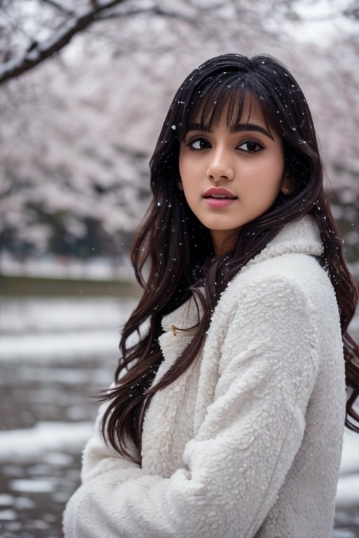 photorealistic,  masterpiece,  best quality,  raw photo, hot  Indian model Shirley setia , beautiful black hair, trendy  winter wear, looking gorgeous, model pose , snow falling on Sakura tree background, playing with snow ,  intricate detail,  detailed skin,  highres,  hdr,