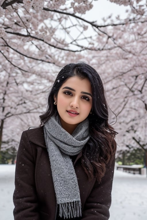 photorealistic,  masterpiece,  best quality,  raw photo, hot  Indian model Shirley setia , beautiful black hair, trendy  winter wear, looking gorgeous, model pose , snow falling on Sakura tree background, playing with snow ,  intricate detail,  detailed skin,  highres,  hdr,