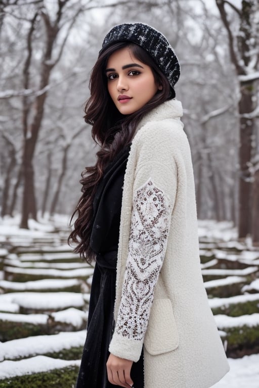 photorealistic,  masterpiece,  best quality,  raw photo, hot  Indian model Shirley setia , beautiful black hair, trendy  winter wear, looking gorgeous , snow fall Sakura forest background, playing with snow ,  intricate detail,  detailed skin,  highres,  hdr,