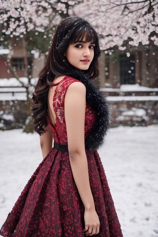 photorealistic,  masterpiece,  best quality,  raw photo, hot  Indian model Shirley setia , beautiful black hair, trendy red Christmas dress with fur, looking gorgeous, model pose , snow falling on Sakura tree background, playing with snow ,  intricate detail,  detailed skin,  highres,  hdr,