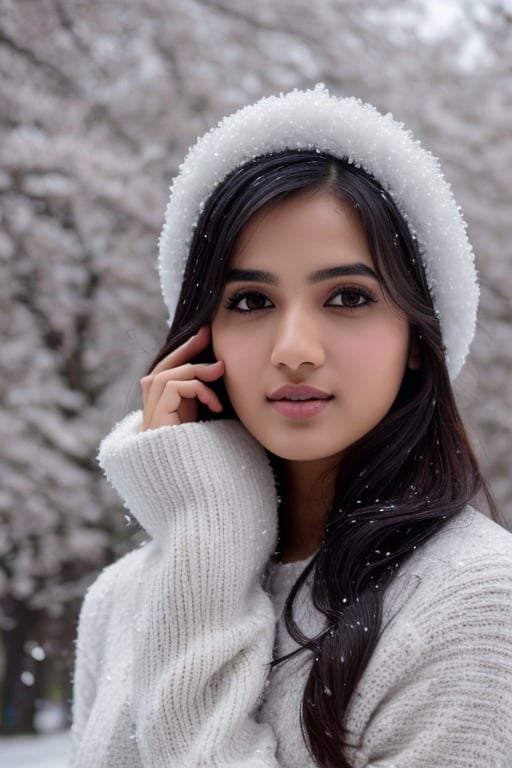 photorealistic,  masterpiece,  best quality,  raw photo, hot  Indian model Shirley setia , beautiful black hair, trendy  winter wear, looking gorgeous, model pose , snow falling on Sakura tree background, playing with snow ,  intricate detail,  detailed skin,  highres,  hdr,