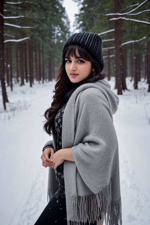 photorealistic,  masterpiece,  best quality,  raw photo, hot  Indian model Shirley setia , beautiful black hair, trendy black winter wear, looking gorgeously seductive , snow fall forest background, playing with snow ,  intricate detail,  detailed skin,  highres,  hdr,