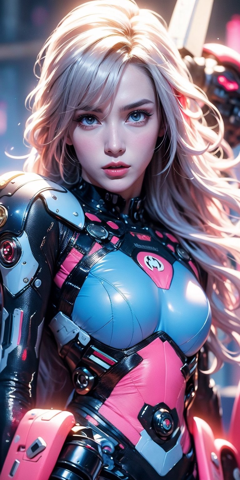 Best picture quality, high resolution, 8k, realistic, sharp focus, realistic image of elegant lady, supermodel, pure white hair, blue eyes, wearing high-tech cyberpunk style blue Batgirl suit, radiant Glow, sparkling suit, mecha, perfectly customized high-tech suit, ice theme, custom design, 1 girl,swordup, looking at viewer,JeeSoo 
