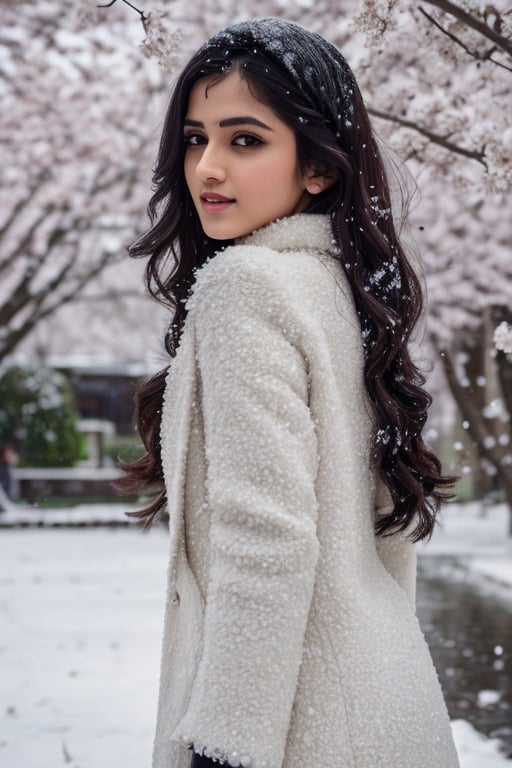 photorealistic,  masterpiece,  best quality,  raw photo, hot  Indian model Shirley setia , beautiful black hair, trendy  winter wear, looking gorgeous, model pose , snow falling on Sakura tree background, playing with snow ,  intricate detail,  detailed skin,  highres,  hdr,