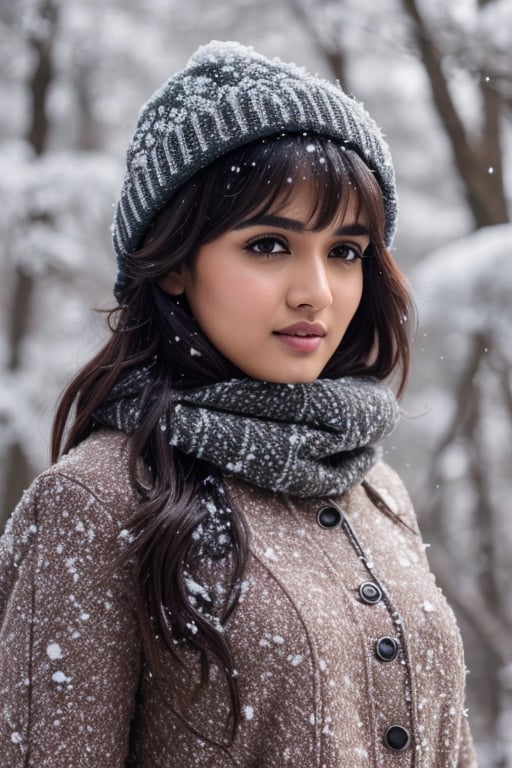 photorealistic,  masterpiece,  best quality,  raw photo, hot  Indian model Shirley setia , beautiful black hair, trendy  winter wear, looking gorgeous, model pose , snow fall Sakura forest background, playing with snow ,  intricate detail,  detailed skin,  highres,  hdr,