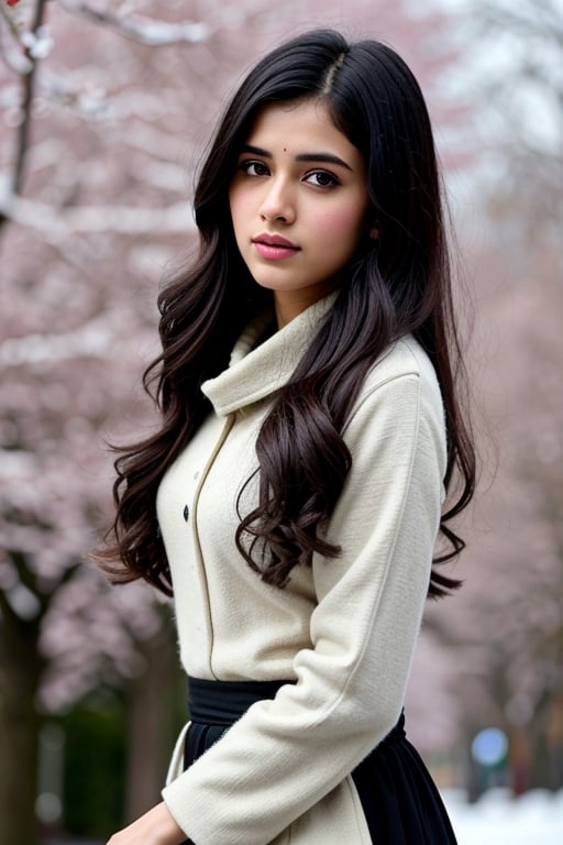 photorealistic,  masterpiece,  best quality,  raw photo, hot  Indian model Shirley setia , beautiful black hair, detailed skin, trendy winter wear, looking gorgeous , snow falling on Sakura tree background ,  intricate detail,  highres,  hdr,