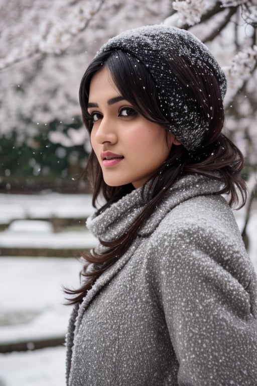 photorealistic,  masterpiece,  best quality,  raw photo, hot  Indian model Shirley setia , beautiful black hair, trendy  winter wear, looking gorgeous, model pose , snow falling on Sakura tree background, playing with snow ,  intricate detail,  detailed skin,  highres,  hdr,