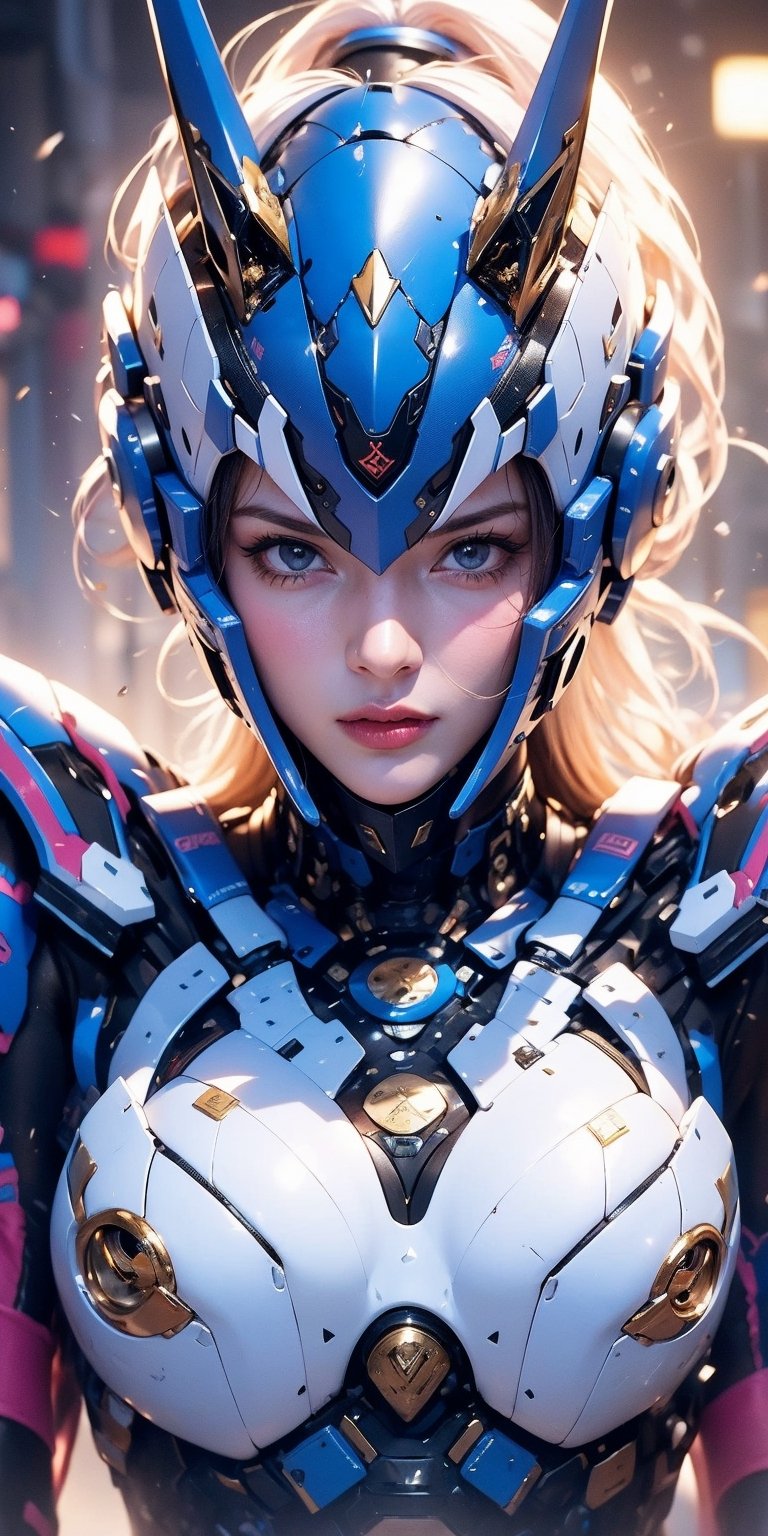 Best picture quality, high resolution, 8k, realistic, sharp focus, realistic image of elegant lady, supermodel, pure white hair, blue eyes, wearing high-tech cyberpunk style blue Batgirl suit, radiant Glow, sparkling suit, mecha, perfectly customized high-tech suit, ice theme, custom design, 1 girl,swordup, looking at viewer,JeeSoo 