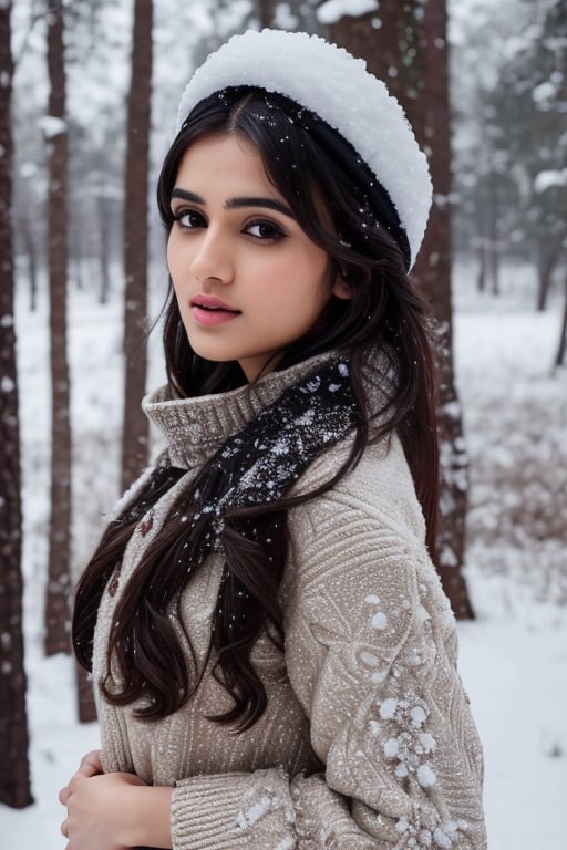 photorealistic,  masterpiece,  best quality,  raw photo, hot  Indian model Shirley setia , beautiful black hair, trendy winter wear, looking gorgeously seductive , snow fall forest background, playing with snow ,  intricate detail,  detailed skin,  highres,  hdr,