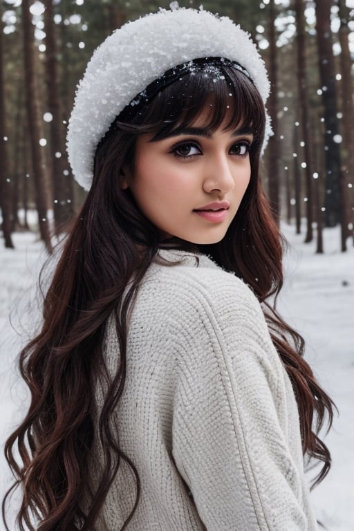 photorealistic,  masterpiece,  best quality,  raw photo, hot  Indian model Shirley setia , beautiful black hair, trendy winter wear, looking gorgeous , snow fall forest background ,  intricate detail,  detailed skin,  highres,  hdr,