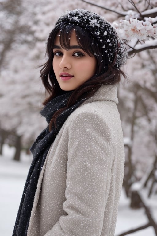 photorealistic,  masterpiece,  best quality,  raw photo, hot  Indian model Shirley setia , beautiful black hair, trendy  winter wear, looking gorgeous, model pose , snow falling on Sakura tree background, playing with snow ,  intricate detail,  detailed skin,  highres,  hdr,