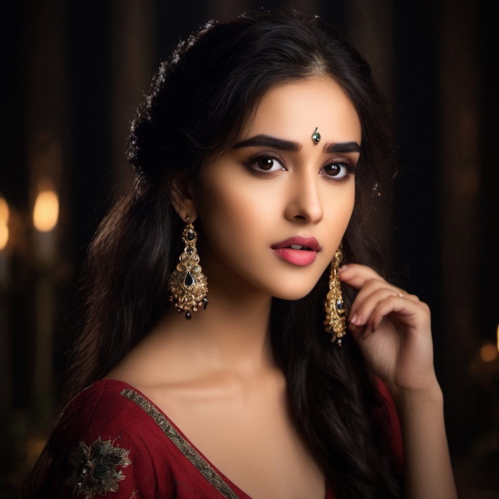 (8k, RAW photo, best quality, masterpiece:1.2),(realistic, photo-realistic:1.37),gorgeous Indian model Shirley setia , solo, jewelry, earrings, black hair, long hair, looking at viewer, black eyes, realistic, makeup, upper body, black background, breasts, red lips, collarbone, simple background, cleavage, eyeshadow, multicolored hair, game of thrones cinematic 