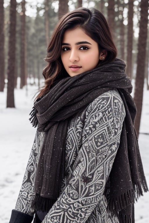 photorealistic,  masterpiece,  best quality,  raw photo, hot  Indian model Shirley setia , beautiful black hair, trendy winter wear, snow fall forest background ,  intricate detail,  detailed skin,  highres,  hdr,