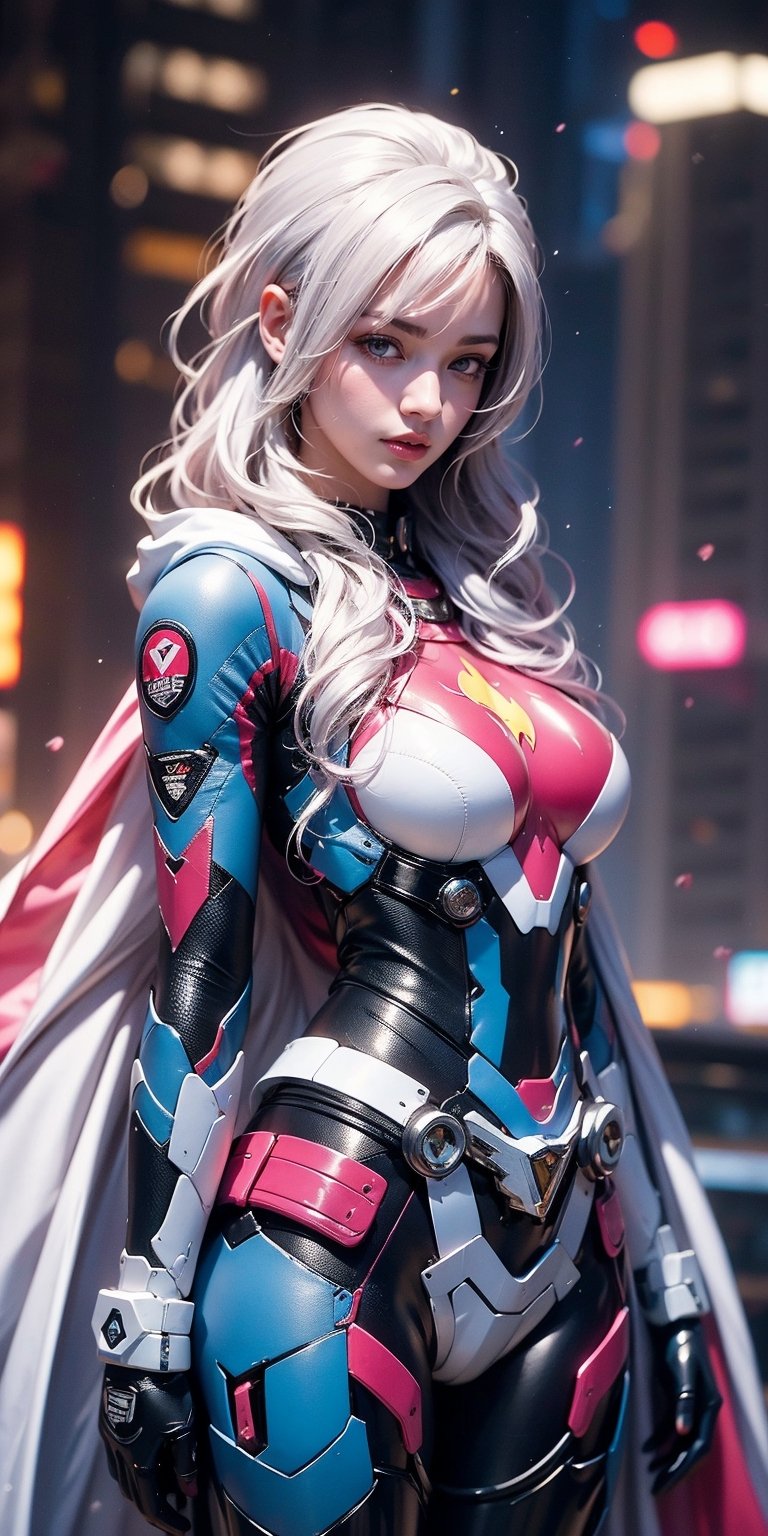 Best picture quality, high resolution, 8k, realistic, sharp focus, realistic image of elegant lady, Pakistani beauty, supermodel, pure white hair, blue eyes, wearing high-tech cyberpunk style blue Batgirl suit, radiant Glow, sparkling suit, mecha, perfectly customized high-tech suit, ice theme, custom design, 1 girl,swordup, looking at viewer,JeeSoo 