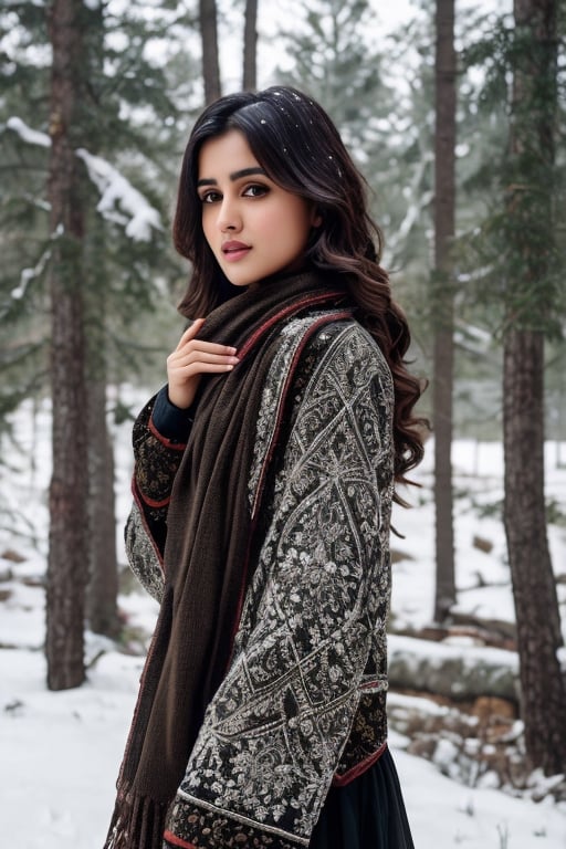 photorealistic,  masterpiece,  best quality,  raw photo, hot  Indian model Shirley setia , beautiful black hair, trendy winter wear, looking gorgeous , snow fall forest background ,  intricate detail,  detailed skin,  highres,  hdr,