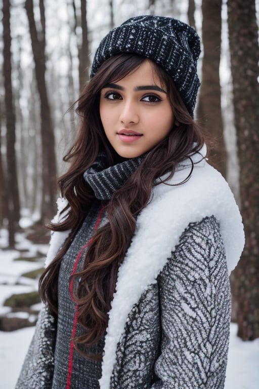 photorealistic,  masterpiece,  best quality,  raw photo, hot  Indian model Shirley setia , beautiful black hair, trendy winter wear, looking gorgeous , snow fall forest background ,  intricate detail,  detailed skin,  highres,  hdr,