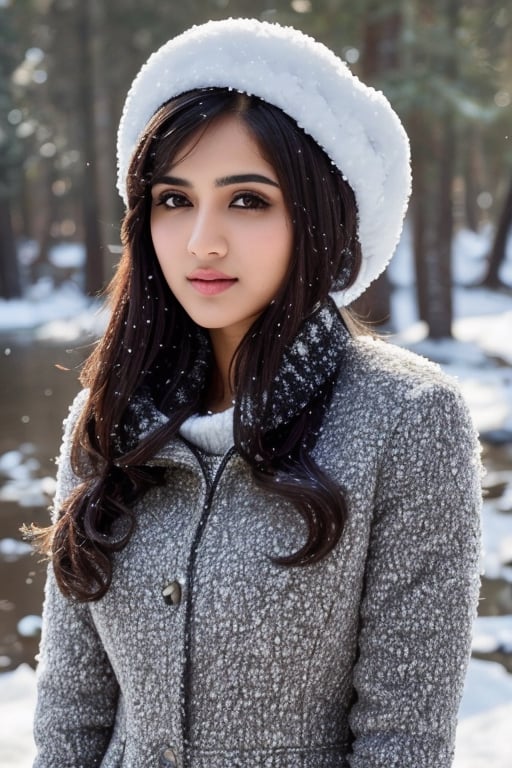 photorealistic,  masterpiece,  best quality,  raw photo, hot  Indian model Shirley setia , beautiful black hair, trendy winter wear, looking gorgeous , snow fall forest background, playing with snow ,  intricate detail,  detailed skin,  highres,  hdr,