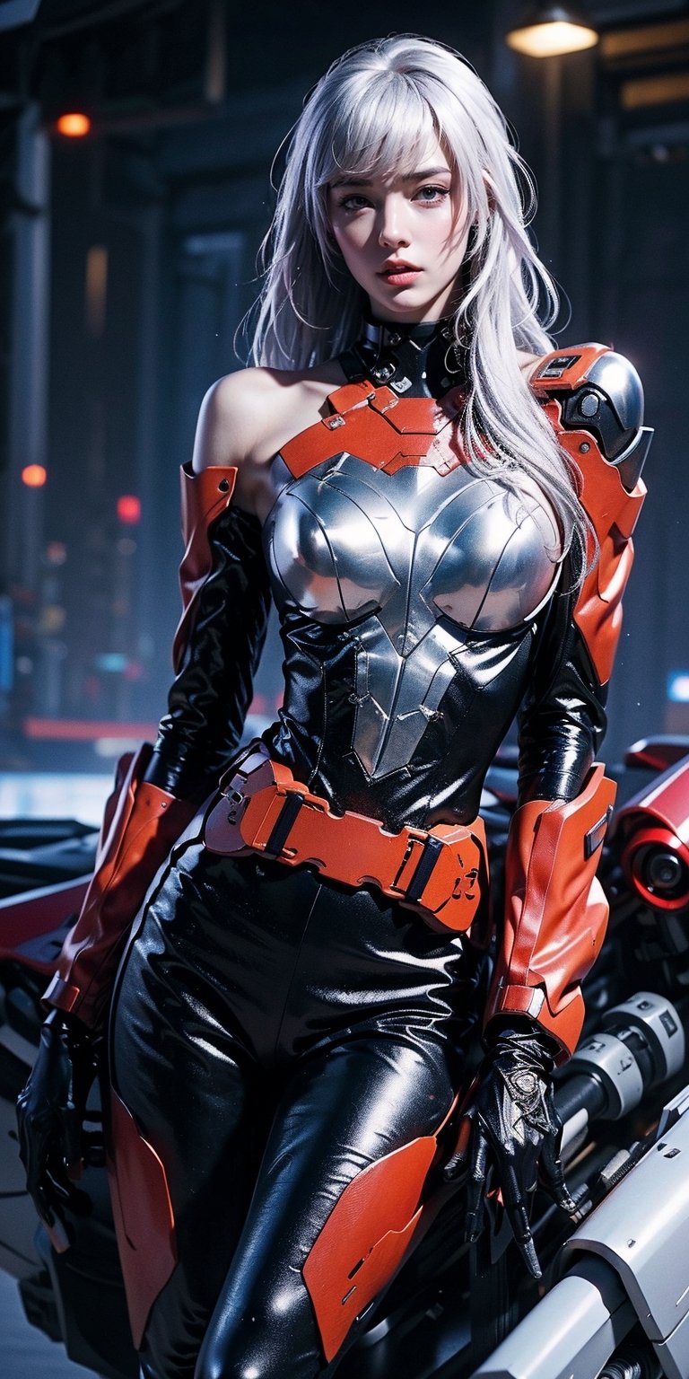 Best picture quality, high resolution, 8k, realistic, sharp focus, realistic image of elegant lady, lisa, supermodel, pure white hair, blue eyes, wearing high-tech cyberpunk style blue Batgirl suit, radiant Glow, sparkling suit, mecha, perfectly customized high-tech suit, ice theme, custom design,swordup, looking at viewer,lisa