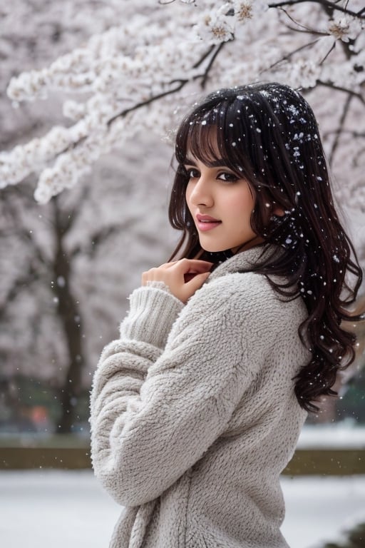 photorealistic,  masterpiece,  best quality,  raw photo, hot  Indian model Shirley setia , beautiful black hair, trendy  winter wear, looking gorgeous, model pose , snow falling on Sakura tree background, playing with snow ,  intricate detail,  detailed skin,  highres,  hdr,