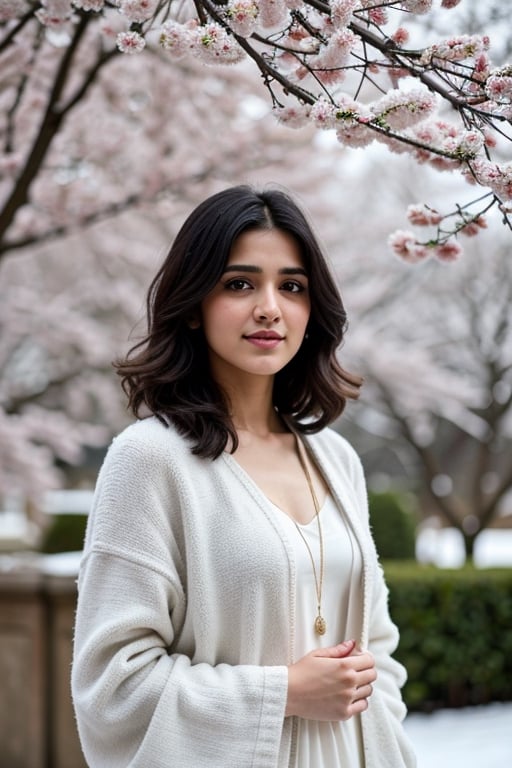 photorealistic,  masterpiece,  best quality,  raw photo, hot  Indian model Shirley setia , beautiful black hair, detailed skin, trendy white winter wear, looking gorgeous , snow falling on Sakura tree background ,  intricate detail,  highres,  hdr,