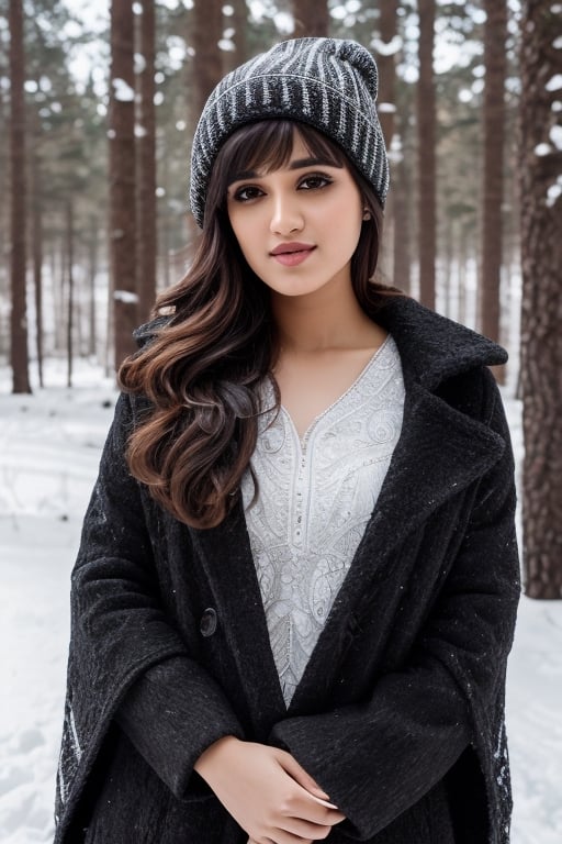 photorealistic,  masterpiece,  best quality,  raw photo, hot  Indian model Shirley setia , beautiful black hair, trendy winter wear, looking seductive , snow fall forest background ,  intricate detail,  detailed skin,  highres,  hdr,