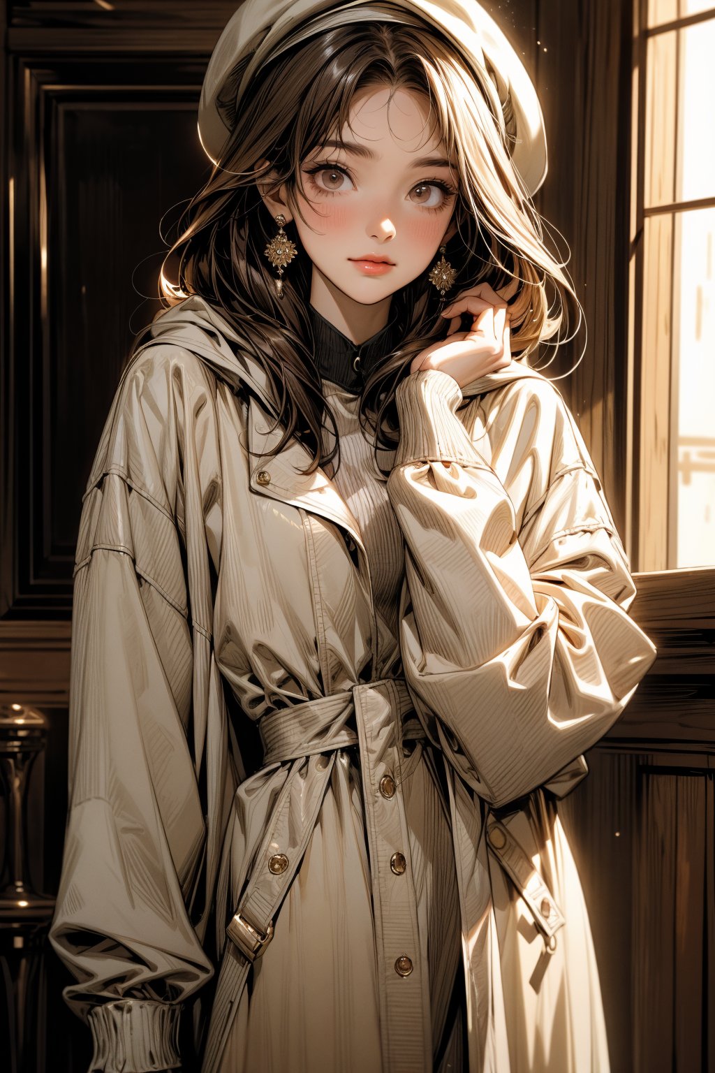 A stunning masterpiece! A solo female figure stands proudly outdoors, gazing directly at the viewer. Her short, brown hair is framed by bangs and a beret, which sits atop her brown headwear. Her long sleeves are pushed past her wrists, showcasing her hands up and holding a disposable cup of steaming coffee. The cinematic lighting casts a warm glow on her skin, accentuating her blush and subtle smile. Her closed mouth is adorned with a pair of earrings, adding to the overall sense of depth and dimensionality. In sharp focus, her brown eyes sparkle with warmth, while the blurred background adds an air of mystery. The ultra-detailed illustration is rendered in 8k CG, showcasing the finest details on her jacket, hooded hoodie, and cowboy-inspired hat.